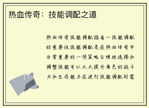 热血传奇：技能调配之道