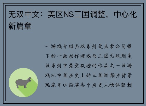 无双中文：美区NS三国调整，中心化新篇章