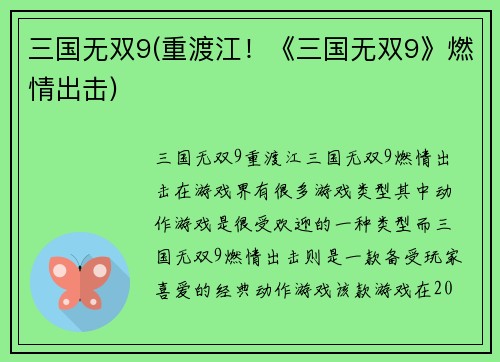 三国无双9(重渡江！《三国无双9》燃情出击)