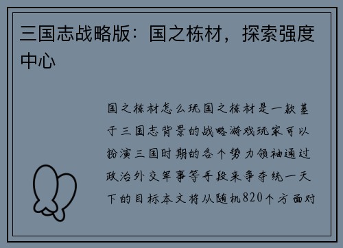 三国志战略版：国之栋材，探索强度中心